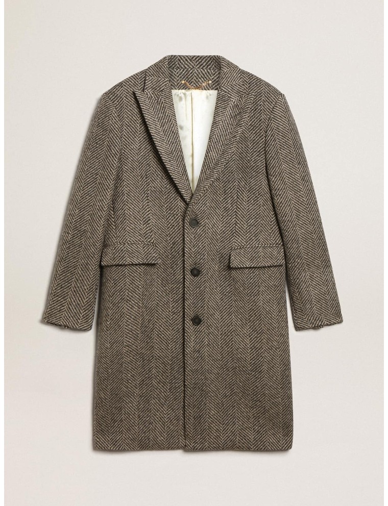 Cappotto monopetto da uomo in lana con trama spigata beige e grigio