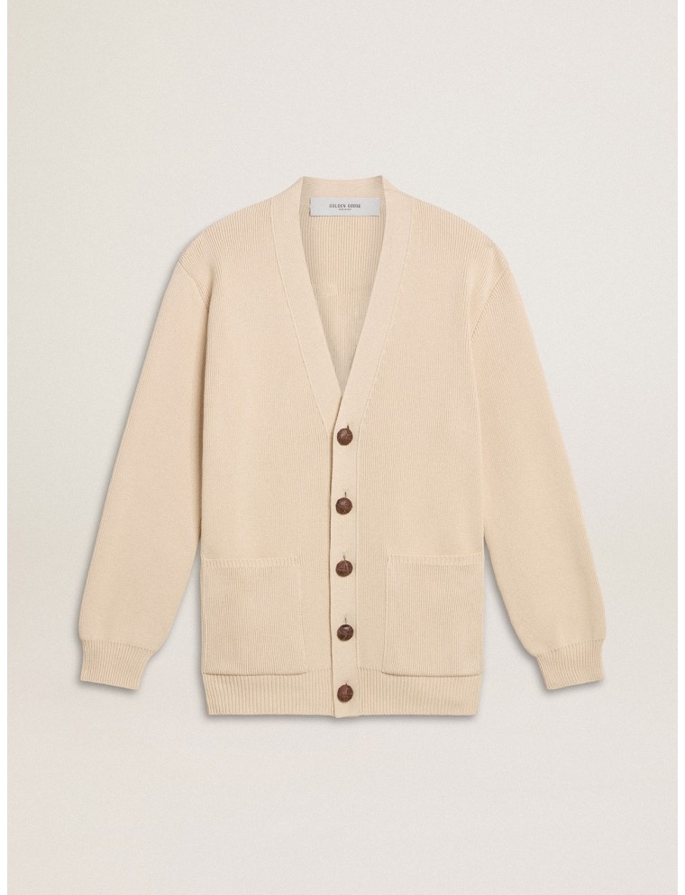 Cardigan da donna di colore beige con scritta 'Golden' sul retro