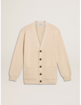 Cardigan da donna di colore beige con scritta 'Golden' sul retro