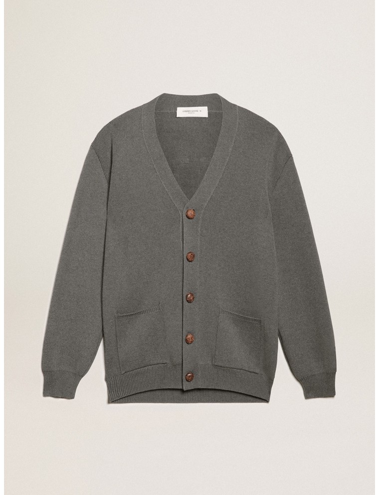 Cardigan da donna in cotone grigio mélange con logo sul retro