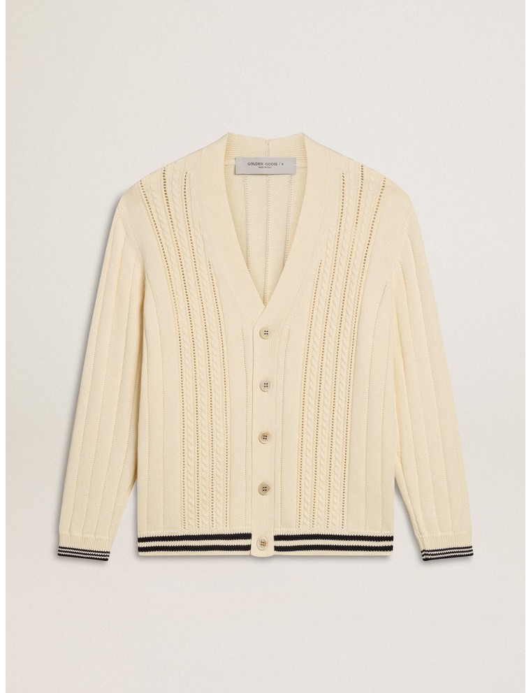 Cardigan da uomo in cotone di colore bianco vissuto con motivo intrecciato e costine blu