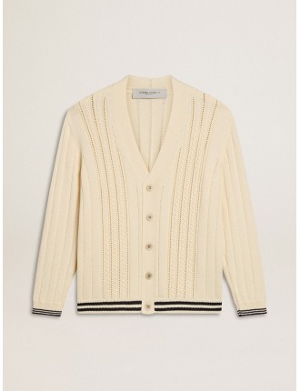 Cardigan da uomo in cotone di colore bianco vissuto con motivo intrecciato e costine blu