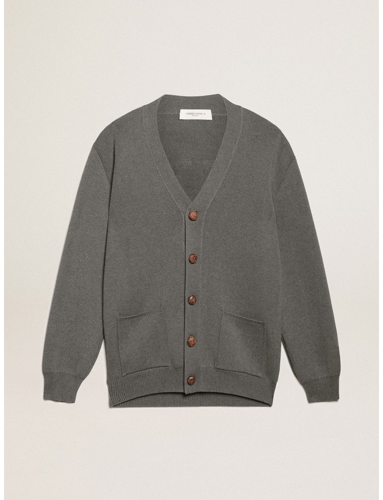 Cardigan da uomo in cotone grigio mélange con logo sul retro