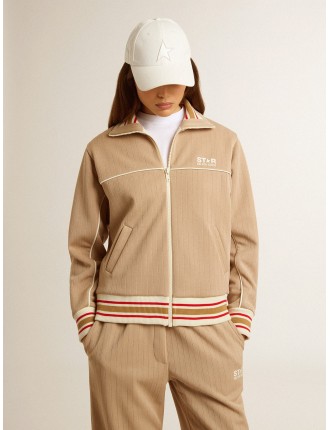 Felpa con zip da donna di colore beige chiaro con logo bianco