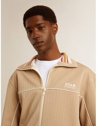 Felpa con zip da uomo di colore beige chiaro con logo bianco