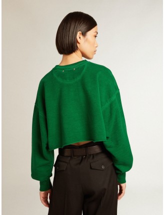 Felpa cropped girocollo in cotone di colore verde