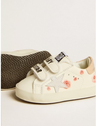 Baby School in nappa con motivo a rose rosa e stella in suede bianco