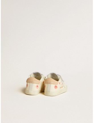 Baby School in nappa con motivo a rose rosa e stella in suede bianco