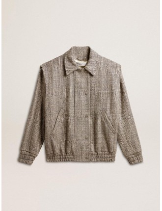 Giacca bomber da donna in lana herringbone color marrone ecrù