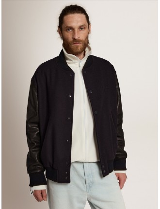 Giacca bomber da uomo in lana blu scuro e maniche in pelle