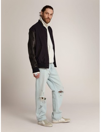 Giacca bomber da uomo in lana blu scuro e maniche in pelle