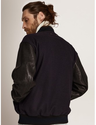 Giacca bomber da uomo in lana blu scuro e maniche in pelle