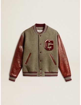 Giacca bomber in lana grigio melange e maniche in pelle