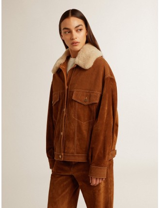 Giacca da donna in crosta color tabacco e colletto in shearling