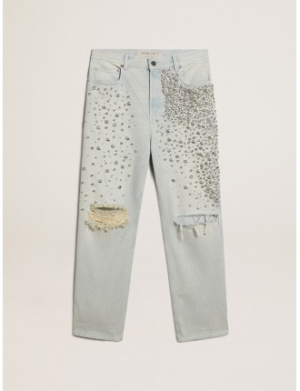 Jeans bleached da donna con cristalli cabochon