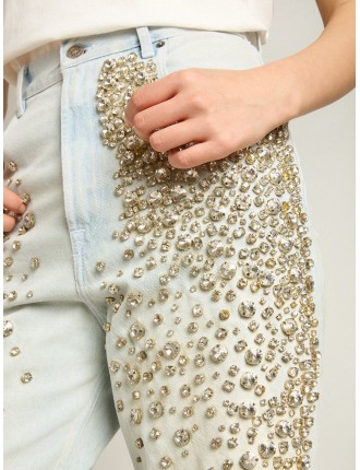 Jeans bleached da donna con cristalli cabochon