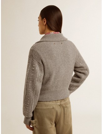 Maglione cropped da donna in lana grigio melange con paillettes