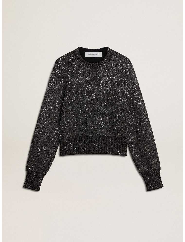 Maglione cropped da donna misto lana di colore nero con paillettes all over