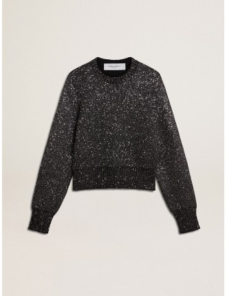 Maglione cropped da donna misto lana di colore nero con paillettes all over