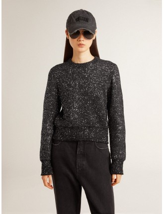 Maglione cropped da donna misto lana di colore nero con paillettes all over