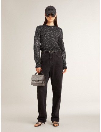 Maglione cropped da donna misto lana di colore nero con paillettes all over