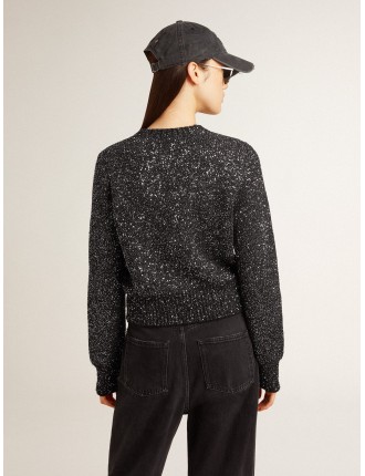 Maglione cropped da donna misto lana di colore nero con paillettes all over