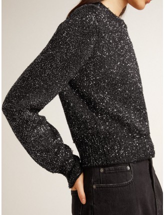 Maglione cropped da donna misto lana di colore nero con paillettes all over