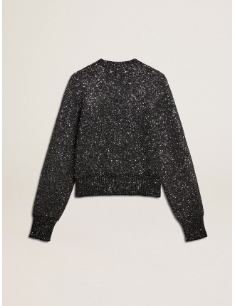 Maglione cropped da donna misto lana di colore nero con paillettes all over