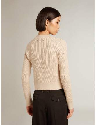 Maglione cropped girocollo in lana color beige e cristalli all over