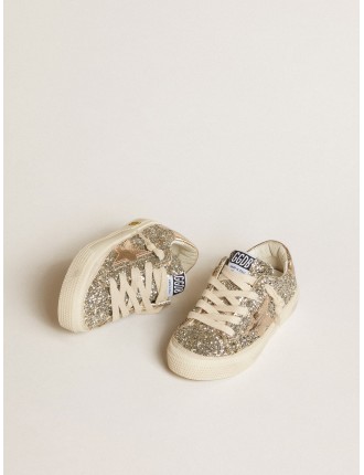 May Junior in glitter platino con stella e talloncino in pelle laminata