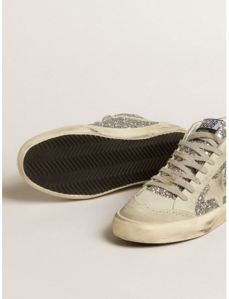 Mid Star in glitter argento con stella e virgola in suede ghiaccio