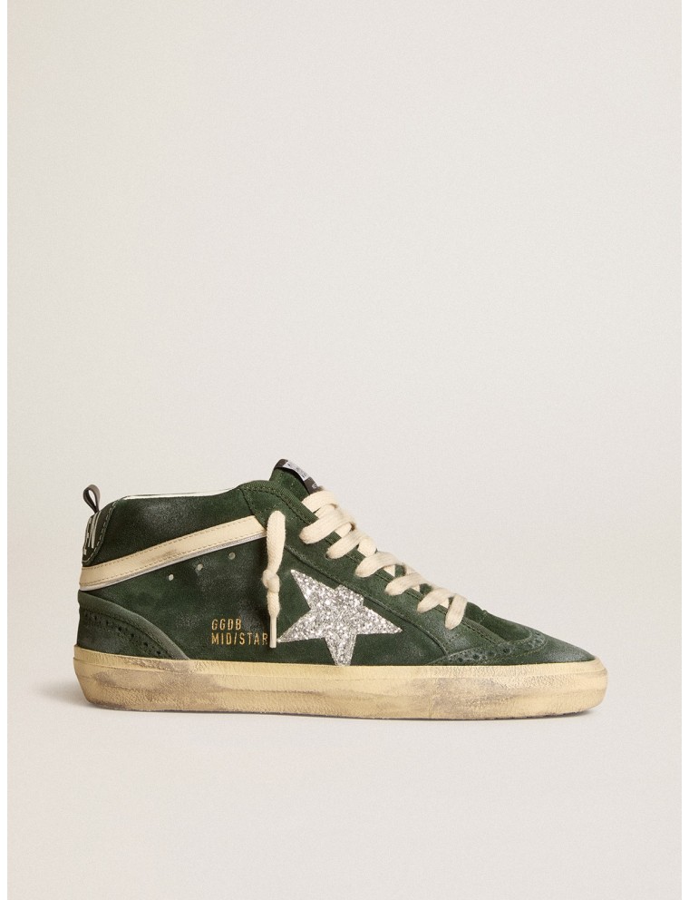 Mid Star in suede verde con stella in glitter argento e virgola in pelle