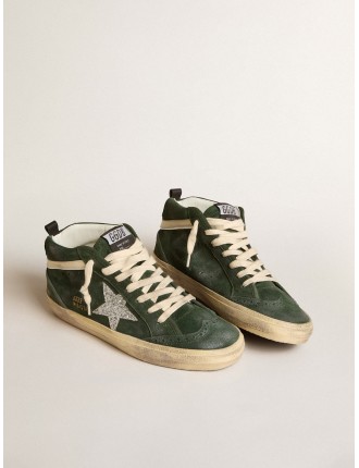 Mid Star in suede verde con stella in glitter argento e virgola in pelle