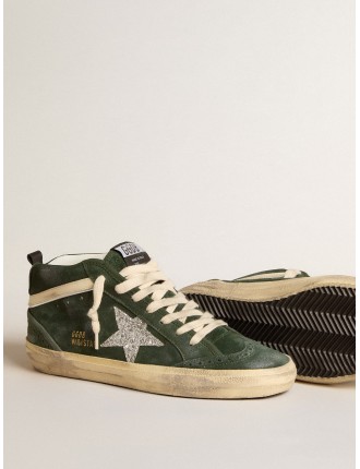 Mid Star in suede verde con stella in glitter argento e virgola in pelle