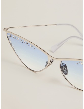 Occhiali da sole modello cat eye montatura argento e cristalli