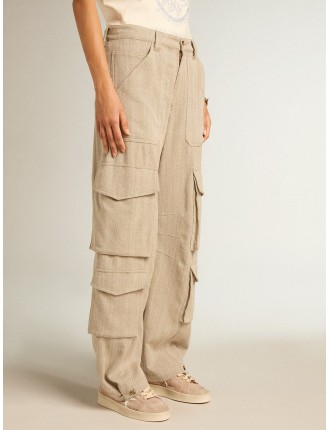 Pantalone cargo da donna in cotone disegno herringbone color oliva scuro