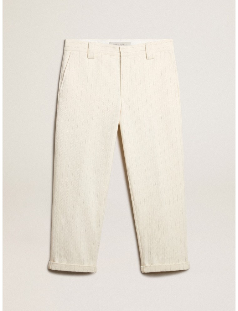 Pantalone chino in gessato di cotone color bianco vissuto