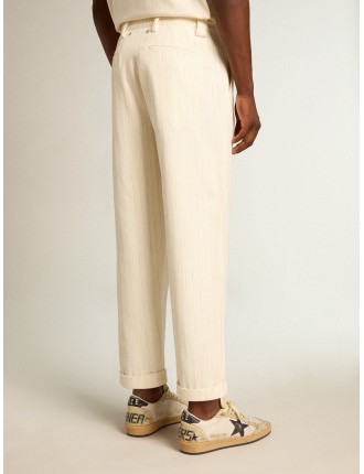 Pantalone chino in gessato di cotone color bianco vissuto