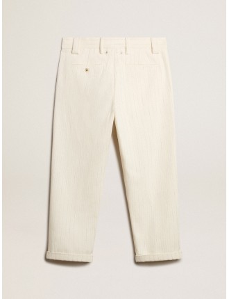 Pantalone chino in gessato di cotone color bianco vissuto