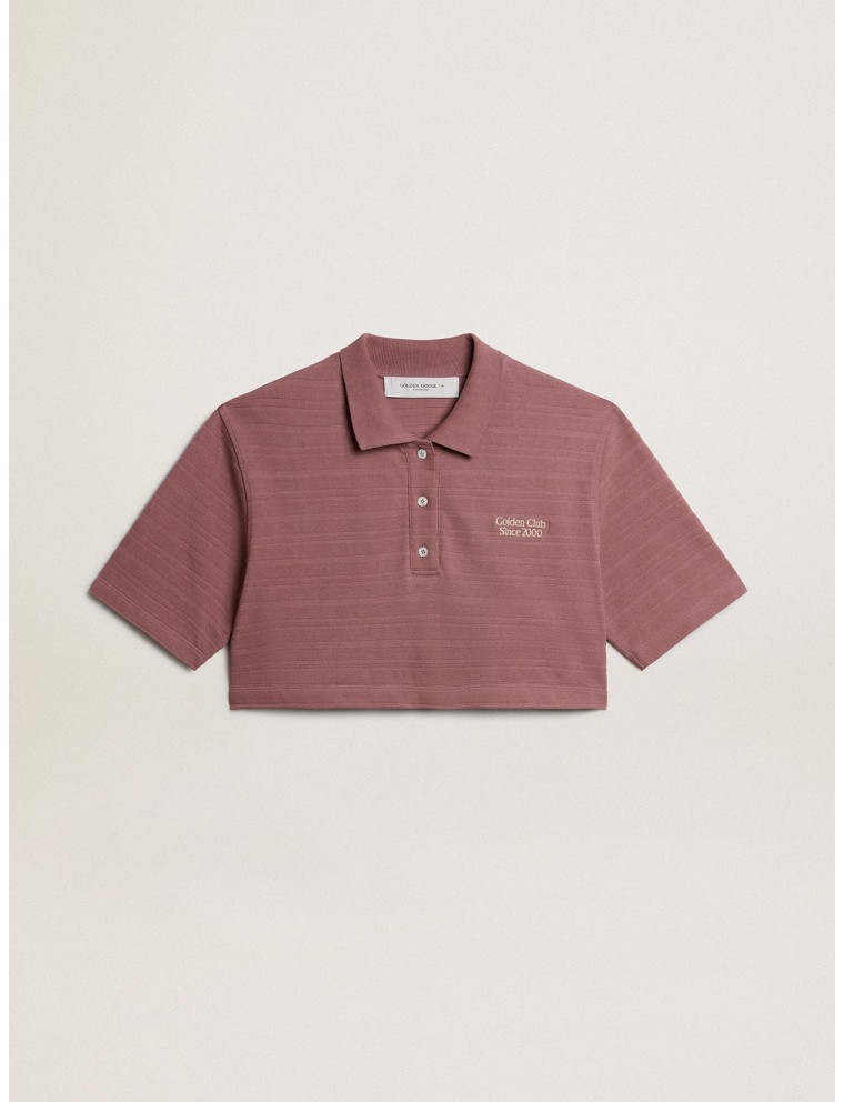 Polo cropped in piquet di cotone color rosa taupe