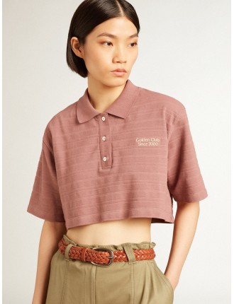 Polo cropped in piquet di cotone color rosa taupe