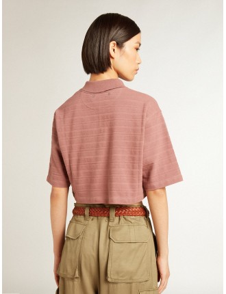 Polo cropped in piquet di cotone color rosa taupe