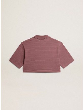 Polo cropped in piquet di cotone color rosa taupe