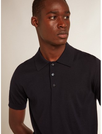 Polo maniche corte da uomo in lana merino di colore blu navy