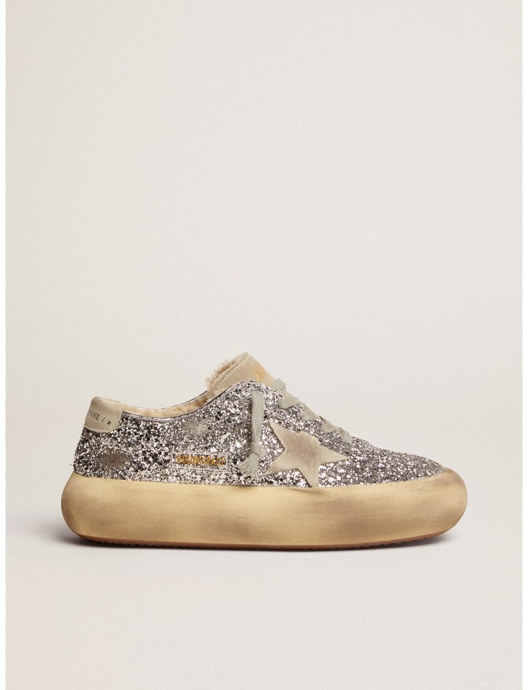 Scarpe Space-Star Donna in glitter argento e fodera in shearling