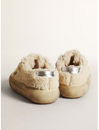 Scarpe Space-Star Donna in shearling beige con stella in pelle bianca e talloncino in pelle laminata