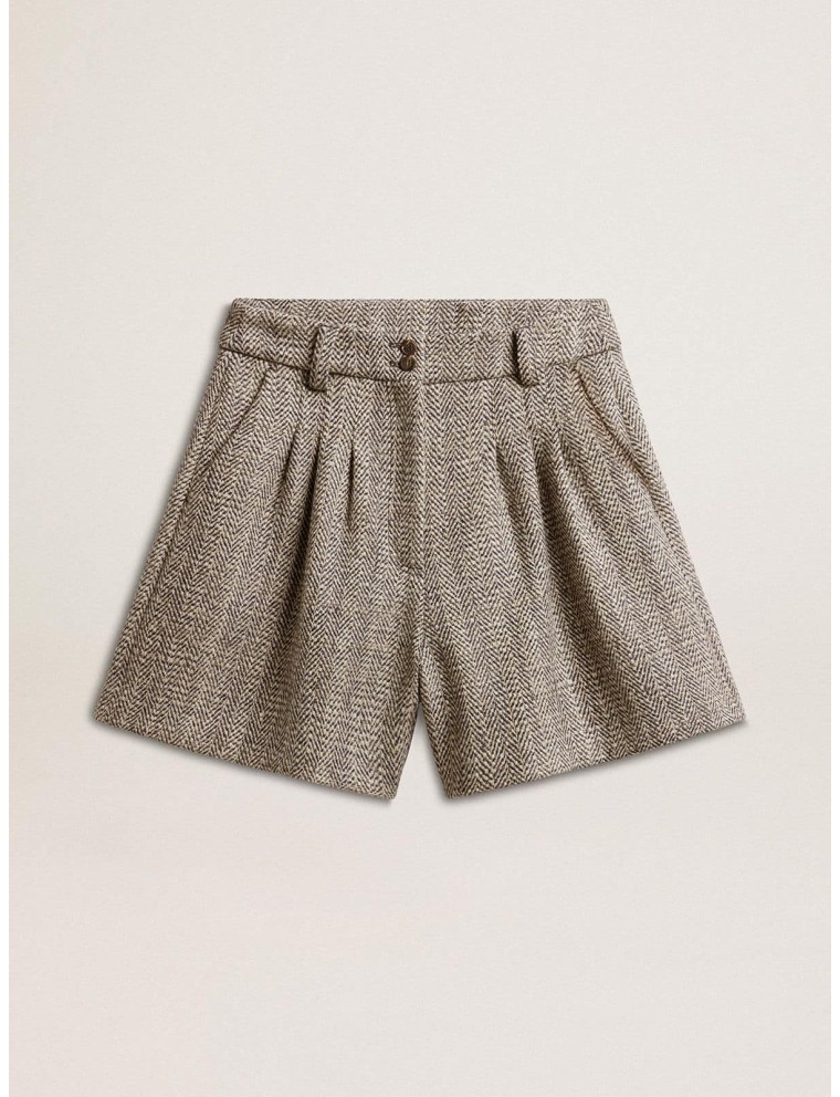 Shorts da donna di colore marrone ecrù in lana herringbone