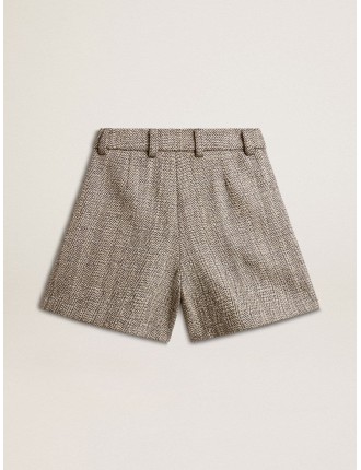 Shorts da donna di colore marrone ecrù in lana herringbone