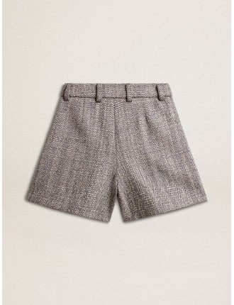 Shorts da donna di colore marrone ecrù in lana herringbone