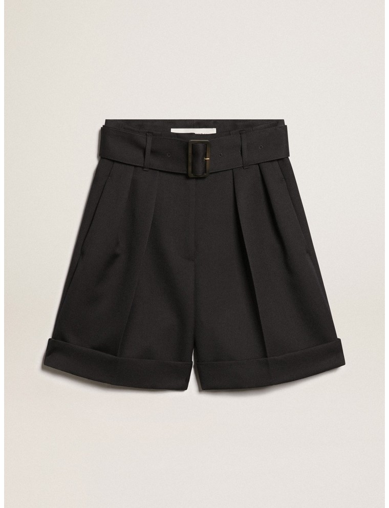 Shorts da donna in gabardine di lana nera con cintura in vita